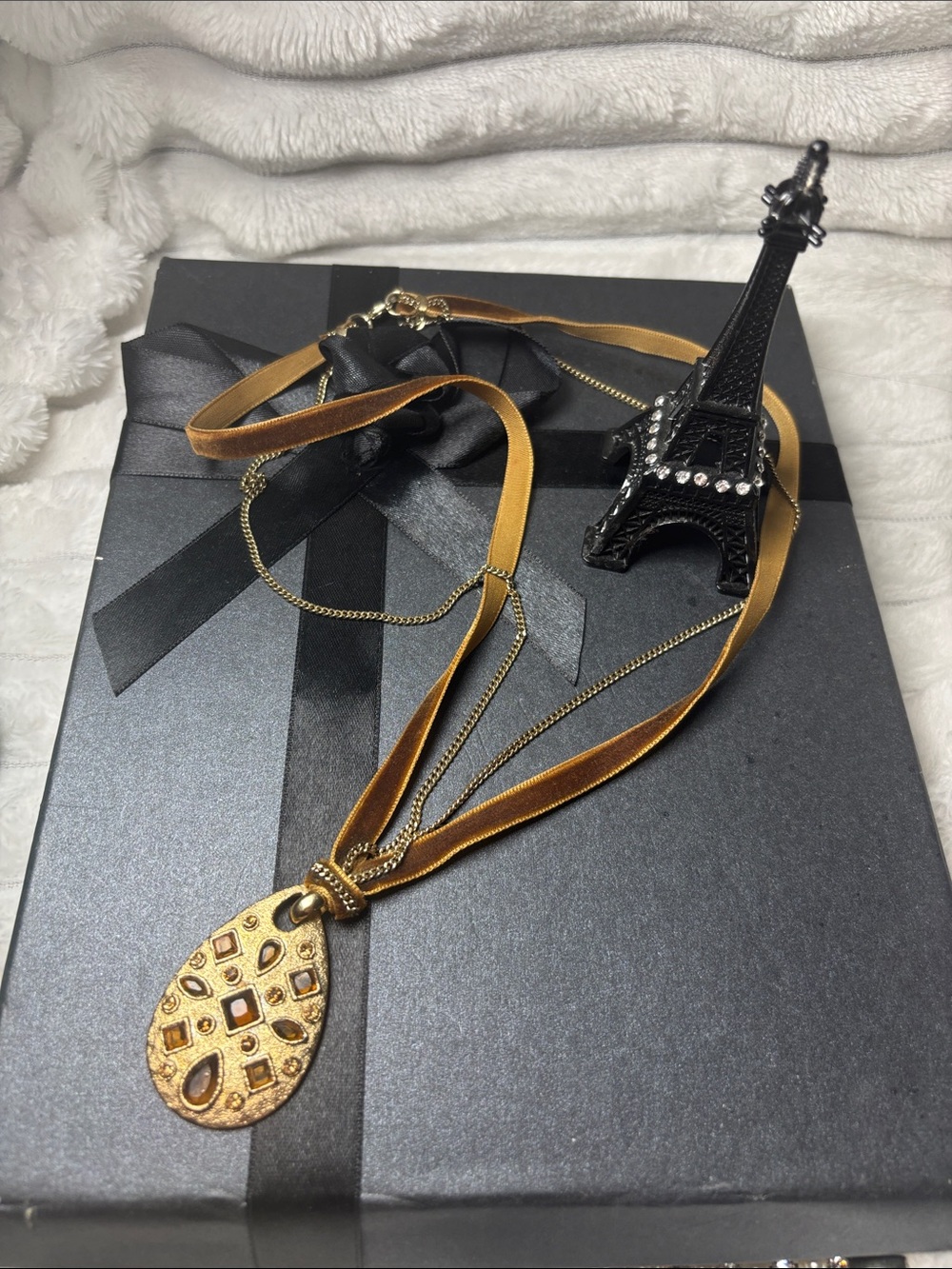 Gold-Tone Teardrop Pendant Necklace with Velvet Ribbon